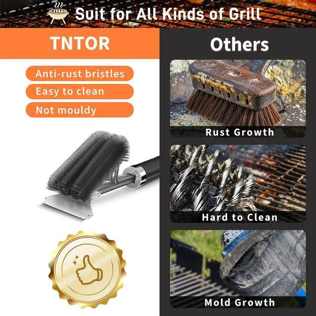 Alt view image 3 of 7 - Grill Brush with Scraper, 18" Adjustable Handle BBQ Grill Brush for Outdoor Grill, Extra Strong Grill Cleaner Accessories for Grill/Smoker/Gas/Charcoal Grill Cleaning-Grill Gifts for Men/Dad