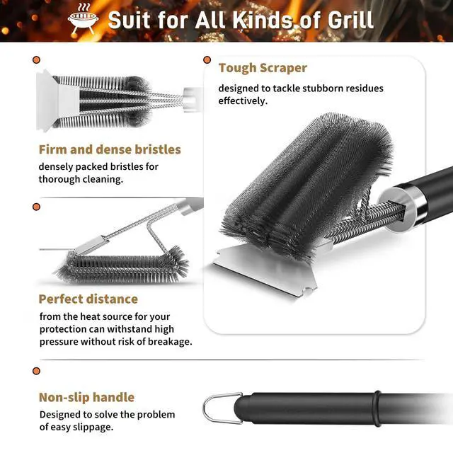 Alt view image 5 of 7 - Grill Brush with Scraper, 18" Adjustable Handle BBQ Grill Brush for Outdoor Grill, Extra Strong Grill Cleaner Accessories for Grill/Smoker/Gas/Charcoal Grill Cleaning-Grill Gifts for Men/Dad