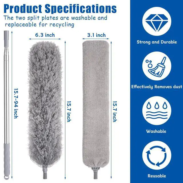 Alt view image 3 of 7 - Feather Duster Set (4 Pieces), 30-100 inch Microfiber Retractable Gap Duster for Cleaning Ceilings, Furniture Refrigerators and Under Sofas