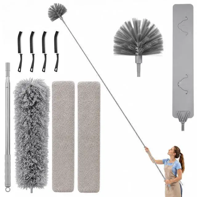 Main image of 100-inch Duster with Extension Pole, 9-in-1 Cobweb Duster Kit Includes Spider Web Brush & Flat Gap Cleaner for High Ceiling, Fan, Under Appliances, Car, Home Deep Cleaning