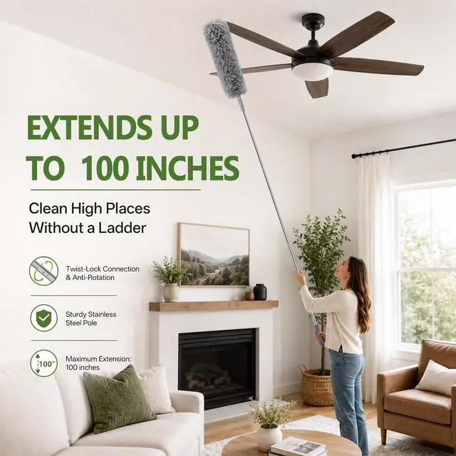 Alt view image 2 of 7 - 100-inch Duster with Extension Pole, 9-in-1 Cobweb Duster Kit Includes Spider Web Brush & Flat Gap Cleaner for High Ceiling, Fan, Under Appliances, Car, Home Deep Cleaning