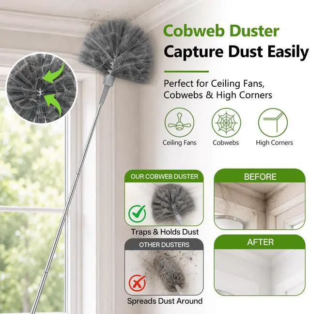 Alt view image 3 of 7 - 100-inch Duster with Extension Pole, 9-in-1 Cobweb Duster Kit Includes Spider Web Brush & Flat Gap Cleaner for High Ceiling, Fan, Under Appliances, Car, Home Deep Cleaning