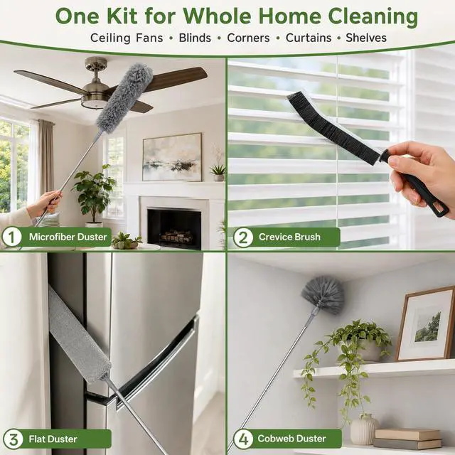 Alt view image 6 of 7 - 100-inch Duster with Extension Pole, 9-in-1 Cobweb Duster Kit Includes Spider Web Brush & Flat Gap Cleaner for High Ceiling, Fan, Under Appliances, Car, Home Deep Cleaning