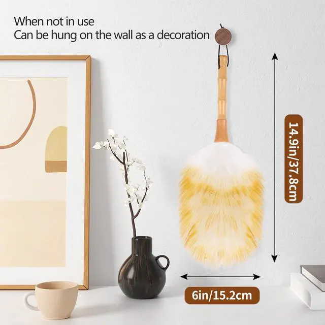 Alt view image 2 of 6 - Lambswool Duster for Cleaning with Solid Wooden Handle Leather Hang Strap 14.9 inch Natural Feather Duster for Cleaning Ceiling Fans Window Blinds Computer Furniture(2 Pack)