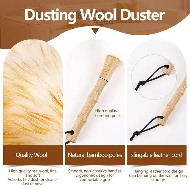 Alt view image 3 of 6 - Lambswool Duster for Cleaning with Solid Wooden Handle Leather Hang Strap 14.9 inch Natural Feather Duster for Cleaning Ceiling Fans Window Blinds Computer Furniture(2 Pack)