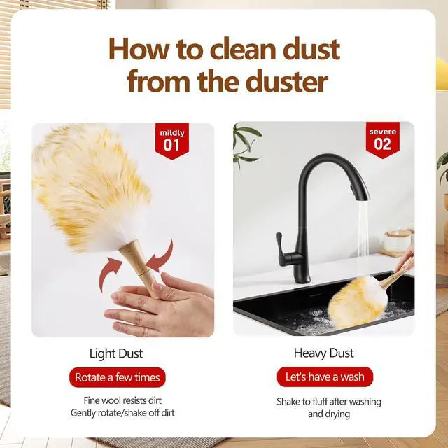 Alt view image 5 of 6 - Lambswool Duster for Cleaning with Solid Wooden Handle Leather Hang Strap 14.9 inch Natural Feather Duster for Cleaning Ceiling Fans Window Blinds Computer Furniture(2 Pack)