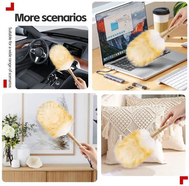 Alt view image 6 of 6 - Lambswool Duster for Cleaning with Solid Wooden Handle Leather Hang Strap 14.9 inch Natural Feather Duster for Cleaning Ceiling Fans Window Blinds Computer Furniture(2 Pack)
