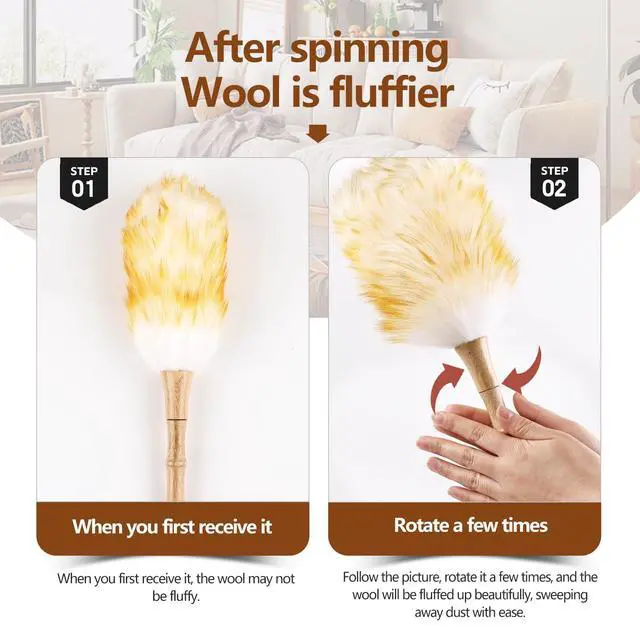 Alt view image 4 of 6 - Lambswool Duster for Cleaning with Solid Wooden Handle Leather Hang Strap 14.9 inch Natural Feather Duster for Cleaning Ceiling Fans Window Blinds Computer Furniture(2 Pack)