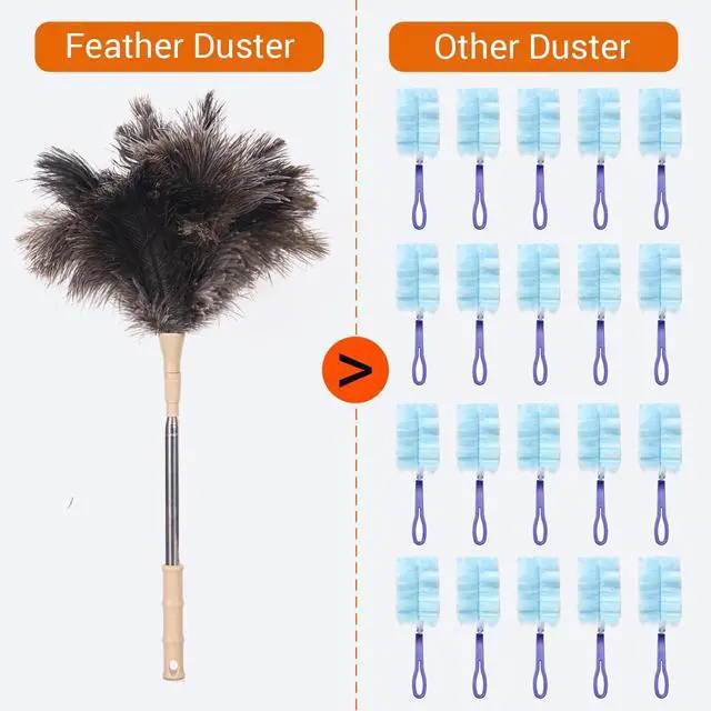 Alt view image 2 of 7 - Extendable Ostrich Feather Duster, Natural Ostrich Feathers Long Handle Duster for Cleaning, 47 Soft & Fluffy Feather Duster for High Ceilings, Fans, Walls, Furniture, Home Dusting