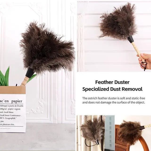 Alt view image 6 of 6 - Ostrich Feather Duster 14 inch Feather Duster Fluffy Natural Genuine Ostrich Feathers with Wooden Handle and Eco-Friendly Reusable Handheld Ostrich Feather Duster for Cleaning Supplies