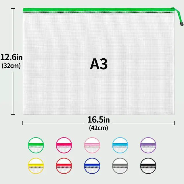 Alt view image 2 of 7 - A3 (16.5x12.6 in, 12 Pcs) Mesh Zipper Pouch, 12 Colors Extra Large Zipper Bags, Waterproof File Pouches for Office Supplies, Puzzles, Board Game, School, Travel Accessories & Craft Projects