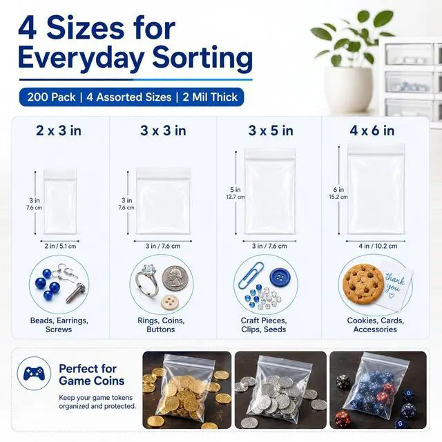 Alt view image 4 of 7 - 200 Pack Small Plastic Bags For Jewelry, Mini Baggies 4 Assorted Sizes. 2x3 3x3 3x5 4x6 Inch 2 Mil Thick Poly Zipper Lock Bags Clear for Jewelry, Bead, Crafts, Small Parts Storage
