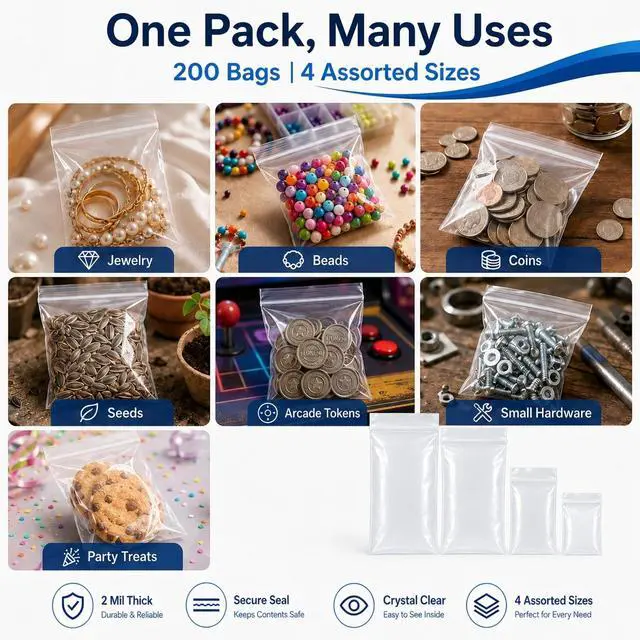Alt view image 7 of 7 - 200 Pack Small Plastic Bags For Jewelry, Mini Baggies 4 Assorted Sizes. 2x3 3x3 3x5 4x6 Inch 2 Mil Thick Poly Zipper Lock Bags Clear for Jewelry, Bead, Crafts, Small Parts Storage