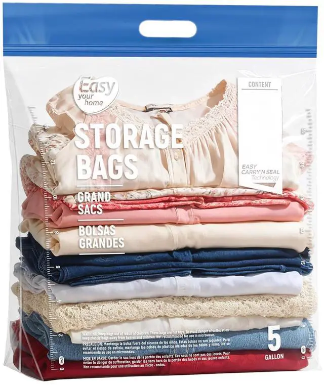 Main image of 5PCS 5 Gallon Zipper Lock Plastic Bags with Handle and bottom,18"x23"+7",Extra Large Size Reusable Storage Bag with Double Zip for Clothing,Travel,Moving,Beach,BPA-Free,3-Mil Thick