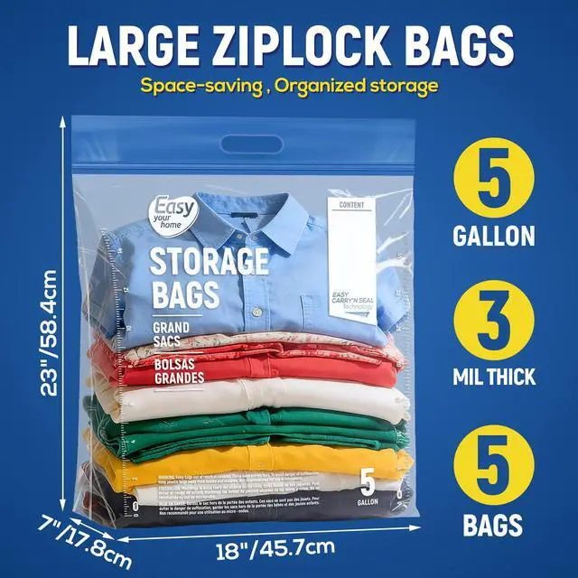Alt view image 2 of 6 - 5PCS 5 Gallon Zipper Lock Plastic Bags with Handle and bottom,18"x23"+7",Extra Large Size Reusable Storage Bag with Double Zip for Clothing,Travel,Moving,Beach,BPA-Free,3-Mil Thick