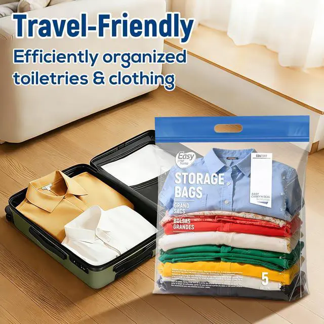 Alt view image 5 of 6 - 5PCS 5 Gallon Zipper Lock Plastic Bags with Handle and bottom,18"x23"+7",Extra Large Size Reusable Storage Bag with Double Zip for Clothing,Travel,Moving,Beach,BPA-Free,3-Mil Thick