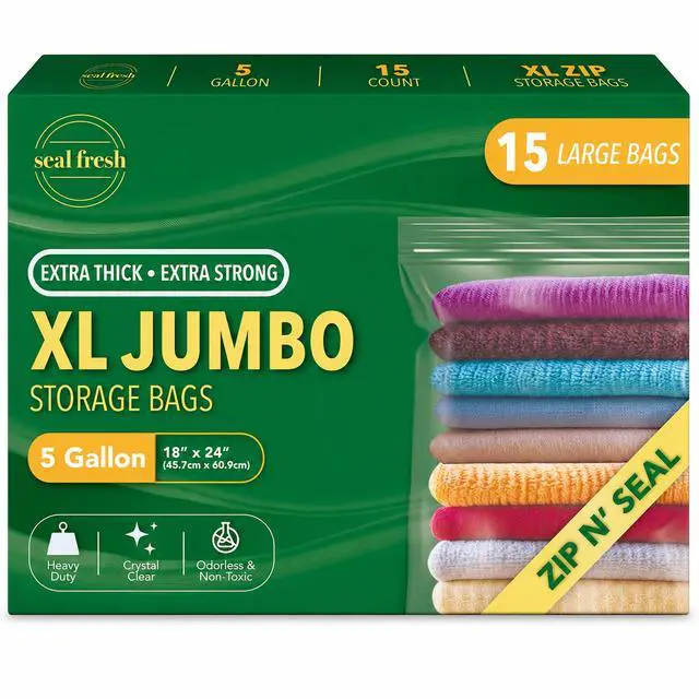 Main image of 5 Gallon Large Plastic Storage Bags 18" x 24" (15 Count) Reusable XXL Extra Large Clear Jumbo Zip Bags with Sealable Zipper Top For Clothes, Travel, Moving