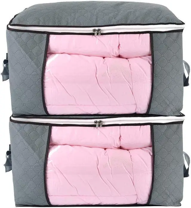 Main image of Comforter Storage Bag, Zippered Bag with Large Clear Window and Carry Handles, Space Saver Organizers for Closet, Blanket, Pillow, Quilt, Bedding, Clothes (2Pcs Grey Large)