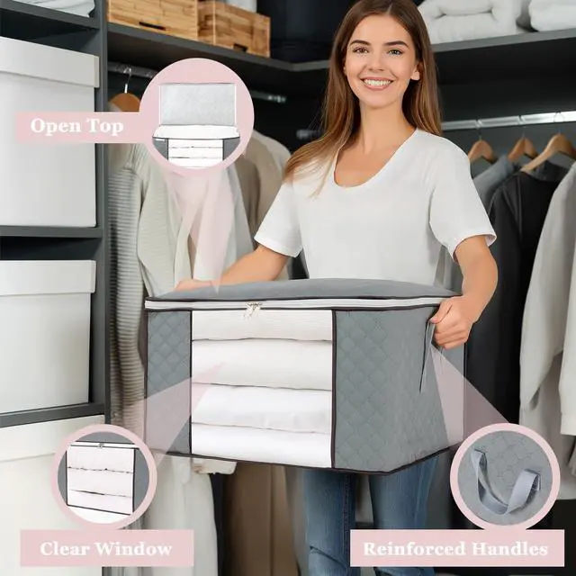 Alt view image 5 of 7 - Comforter Storage Bag, Zippered Bag with Large Clear Window and Carry Handles, Space Saver Organizers for Closet, Blanket, Pillow, Quilt, Bedding, Clothes (2Pcs Grey Large)
