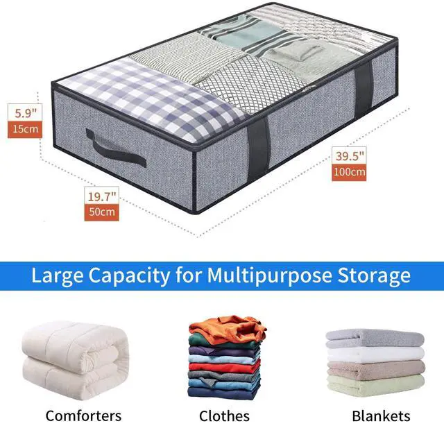 Alt view image 2 of 6 - Foldable Underbed Bags 2 Pack - Blankets Clothes Comforters Storage Bag Breathable Zippered Organizer for Bedroom with Clear Window and 4 Handles, 39.4x19.7x5.9 in, Linen-like Grey, MXDUBBP2