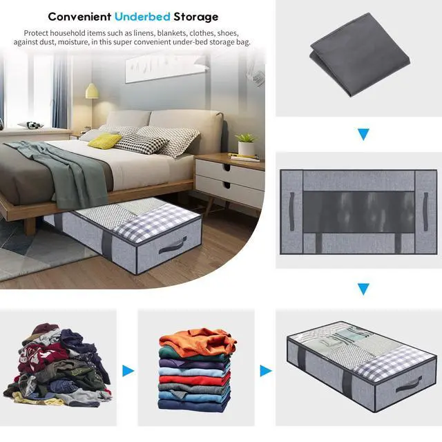 Alt view image 3 of 6 - Foldable Underbed Bags 2 Pack - Blankets Clothes Comforters Storage Bag Breathable Zippered Organizer for Bedroom with Clear Window and 4 Handles, 39.4x19.7x5.9 in, Linen-like Grey, MXDUBBP2
