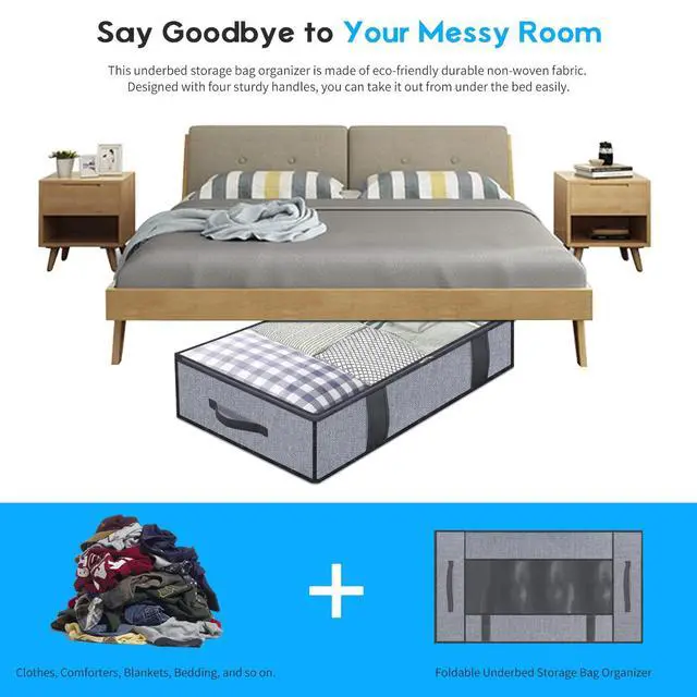 Alt view image 6 of 6 - Foldable Underbed Bags 2 Pack - Blankets Clothes Comforters Storage Bag Breathable Zippered Organizer for Bedroom with Clear Window and 4 Handles, 39.4x19.7x5.9 in, Linen-like Grey, MXDUBBP2