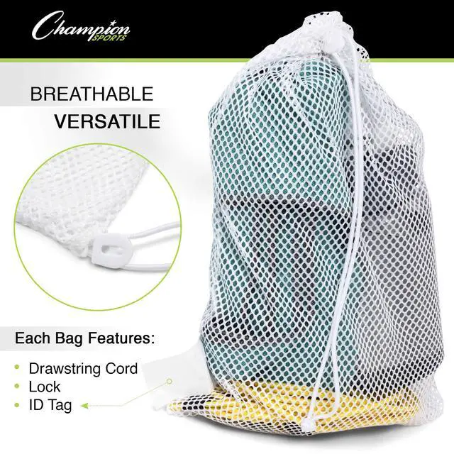 Alt view image 3 of 7 - Mesh Sports Equipment Bag- Black, 12" x 18"- Multipurpose, Nylon Drawstring Bag w/ Lock and ID Tag, for Sports Equipment, Balls, Swimming Gear - Breathable Stuff Sack