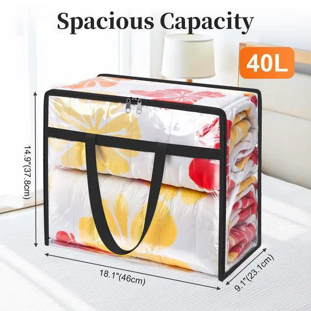 Alt view image 3 of 7 - Clear Storage Bags, 4 Pack Under Bed Storage and Closet Organizers Containers, Vinyl Foldable Heavy-Duty Moving Bags with Zippers for Comforter, Bedding, Duvet, Blanket & Toy Storage, 40L