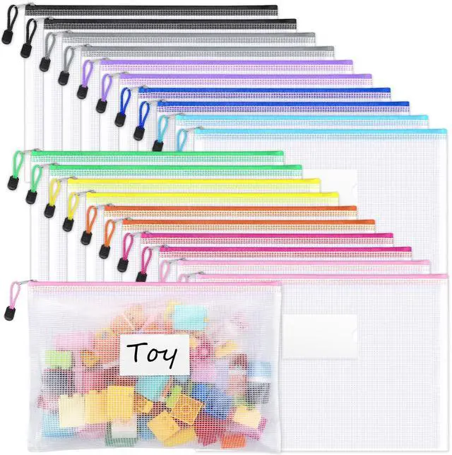 Main image of =20 Pack Mesh Zipper Pouch Bags, A4 Letter Size, Zipper Bags with Label Pocket, Waterproof Bag for Classroom Organizer, School Office Teacher Supplies, Storage Pouches for Board Game Toy Storage
