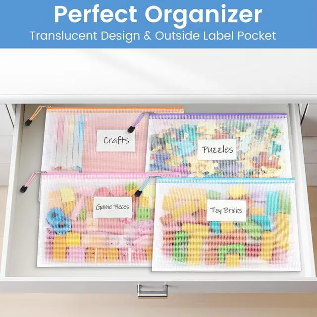 Alt view image 6 of 7 - =20 Pack Mesh Zipper Pouch Bags, A4 Letter Size, Zipper Bags with Label Pocket, Waterproof Bag for Classroom Organizer, School Office Teacher Supplies, Storage Pouches for Board Game Toy Storage
