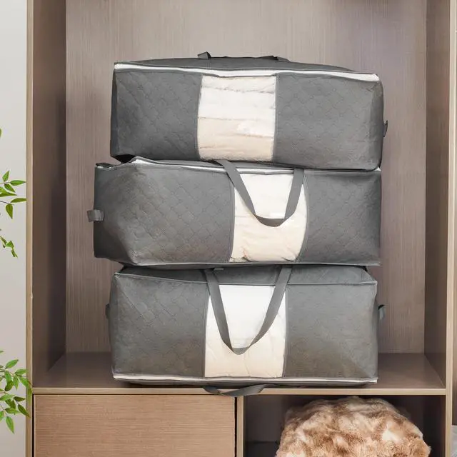 Alt view image 2 of 7 - 105L Extra Large Storage Bags for Blankets, King Comforters, Bedding, Clothes, Pillows, Sheets - Closet Organizers and Storage with 4 Handles & Clear Window, Foldable & Breathable (Grey, 3pack)