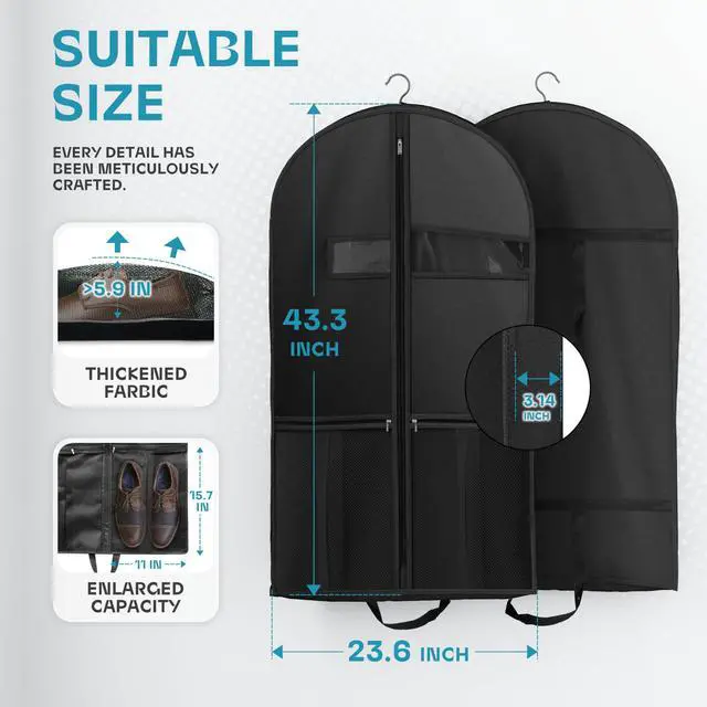 Alt view image 3 of 7 - 43" Travel Garment Bag with Accessories Zipper Pocket, Heavy Duty Suit Bag for Suits, Tuxedos, Dresses, Coats, Black, 1 pack