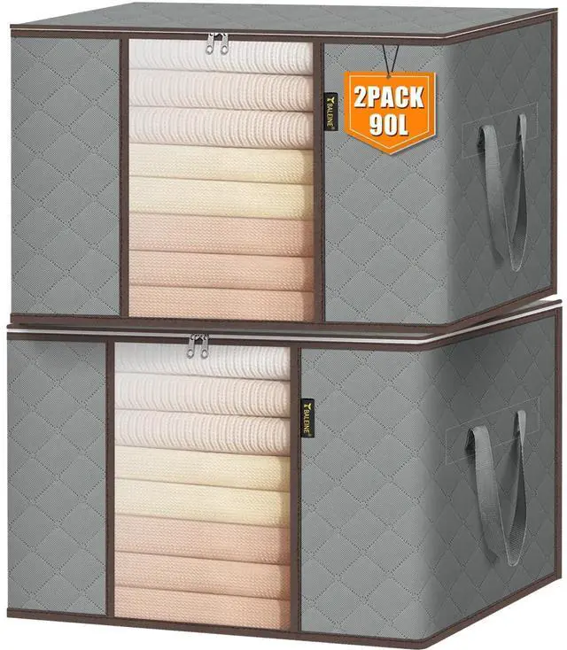Main image of 2 Pack Clothes Storage Bags, 24 Gallon Storage Containers with Reinforced Handle, Sturdy Zipper, Closet Organizer for Blanket, Comforter, Pillow, Bedding (Grey, 2 Pack)