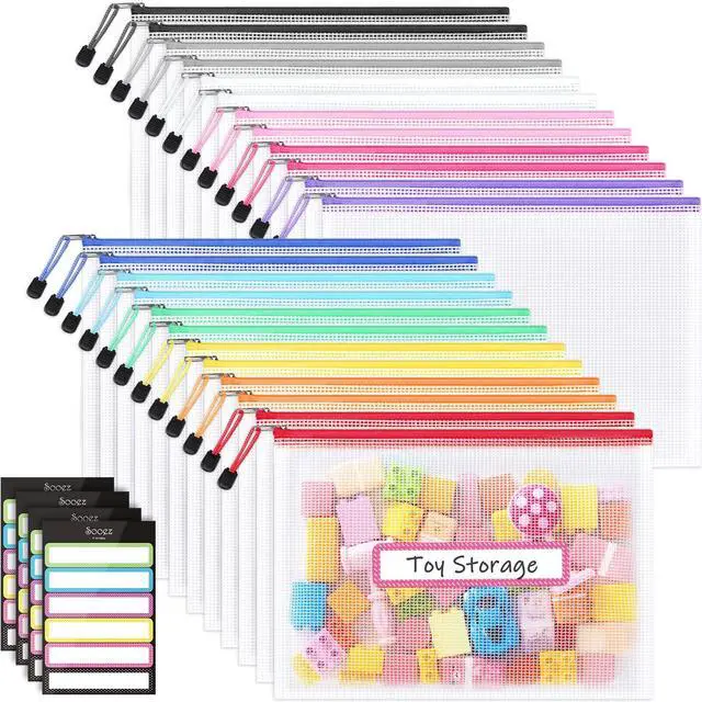 Main image of 24 Pack Mesh Zipper Pouch with Sticky Labels, A4 Mesh Bags, Sturdy Letter Size File Folders Organizer, Office School Classroom Teacher Supplies, Toy Storage Bag Board Game Puzzles Organization