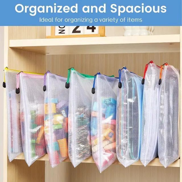 Alt view image 6 of 7 - 24 Pack Mesh Zipper Pouch with Sticky Labels, A4 Mesh Bags, Sturdy Letter Size File Folders Organizer, Office School Classroom Teacher Supplies, Toy Storage Bag Board Game Puzzles Organization