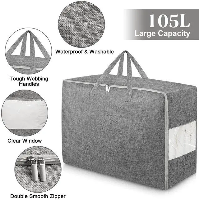Alt view image 3 of 6 - 105L Extra Large Storage Bags, Folding Moving Comforter Blanket Storage Bags Closet Organizers and Storage Containers for Clothes with Strong Handles&Zippers Clear Window for Bedding Pillow Grey 2Pack