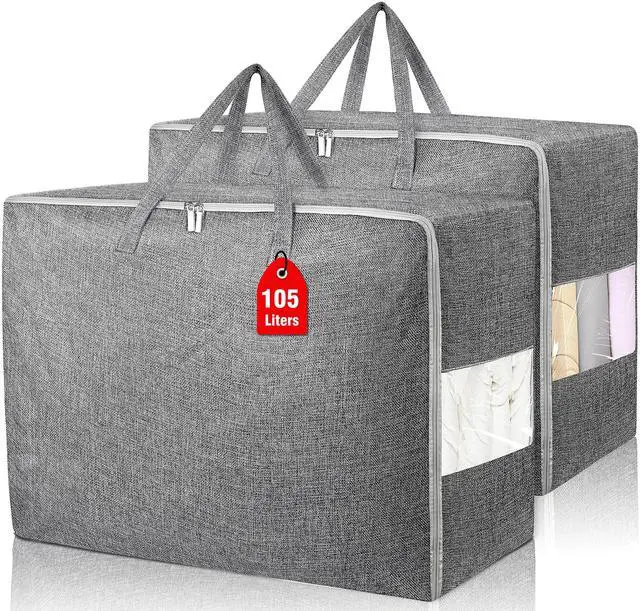 Main image of 105L Extra Large Storage Bags, Folding Moving Comforter Blanket Storage Bags Closet Organizers and Storage Containers for Clothes with Strong Handles&Zippers Clear Window for Bedding Pillow Grey 2Pack