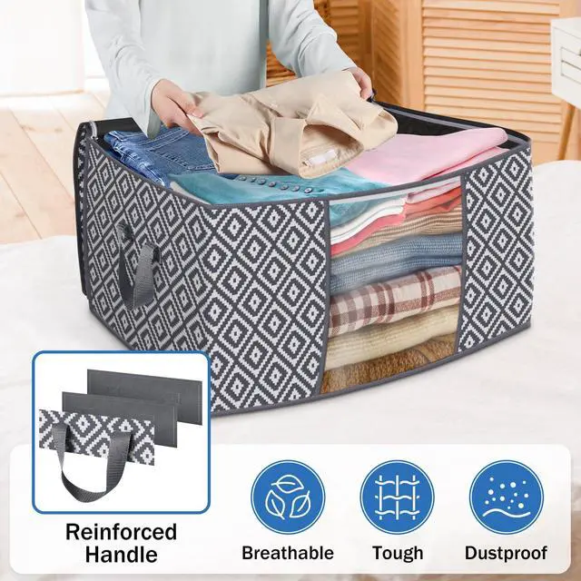 Alt view image 5 of 7 - Direct 100L, 3 Pack, Storage Containers, Large Clothes Storage Bins Foldable Organization and Storage Bags with Reinforced Handle, Clear Window for Bedding, Blankets, Clothing, Grey