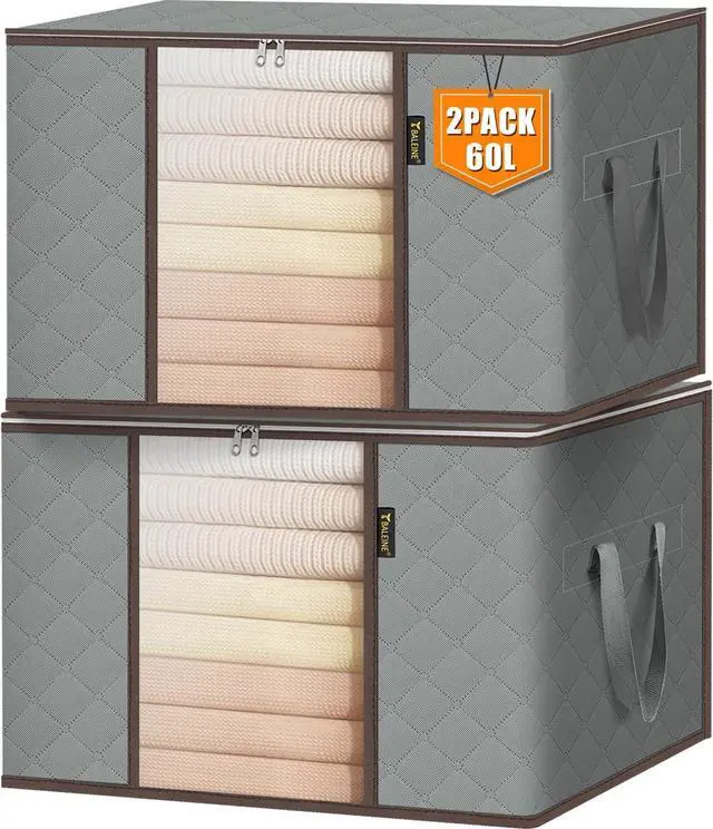 Main image of 2 Pack Clothes Storage Bags, 16 Gallon Storage Containers with Reinforced Handle, Sturdy Zipper, Closet Organizer for Blanket, Comforter, Pillow, Bedding (Grey, 2 Pack)