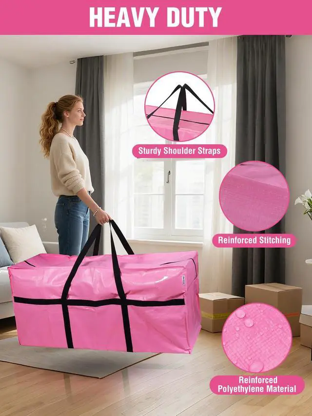 Alt view image 3 of 7 - 1-Pack 66 Gallon Extra Large Moving Bags with Zippers & Carry Handles, Heavy-Duty Storage Totes, 45" x 16" x 22", Holds Up to 110 lbs, for Moving, Dorm Move-In & Storage Organization, Pink