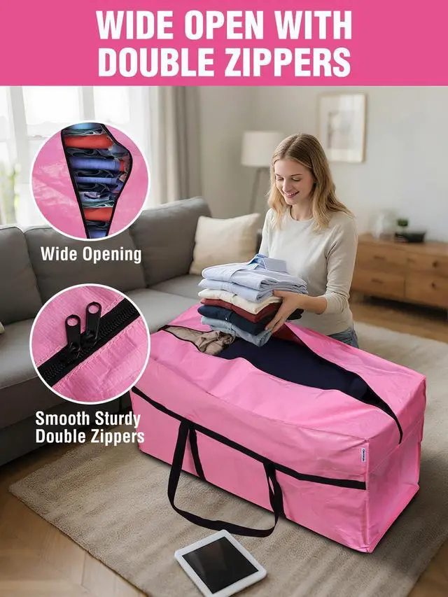 Alt view image 4 of 7 - 1-Pack 66 Gallon Extra Large Moving Bags with Zippers & Carry Handles, Heavy-Duty Storage Totes, 45" x 16" x 22", Holds Up to 110 lbs, for Moving, Dorm Move-In & Storage Organization, Pink