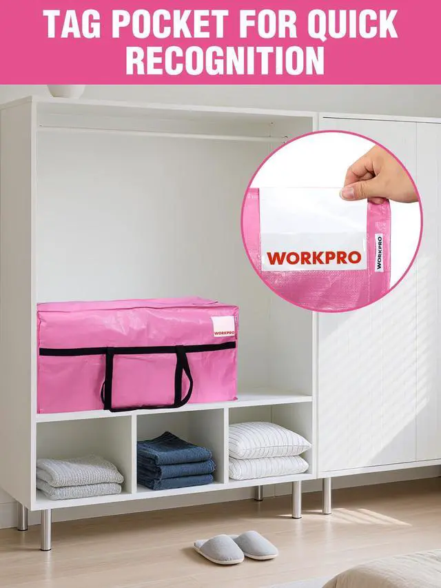 Alt view image 5 of 7 - 1-Pack 66 Gallon Extra Large Moving Bags with Zippers & Carry Handles, Heavy-Duty Storage Totes, 45" x 16" x 22", Holds Up to 110 lbs, for Moving, Dorm Move-In & Storage Organization, Pink