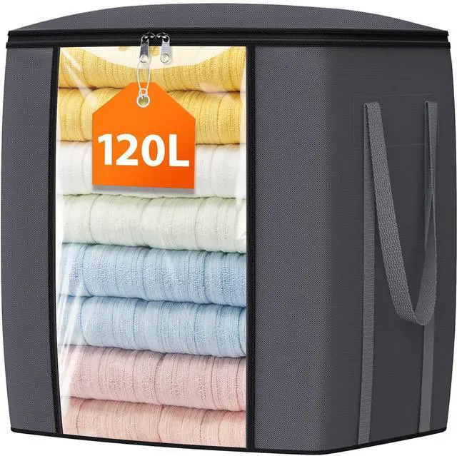 Main image of 120L Extra Large Clothes Storage Bags, Foldable Blanket Storage and Organization, Thick Fabric Containers with Reinforced Handles & Zippers for Clothing, Comforters, Bedding, Gray, 1 Pack