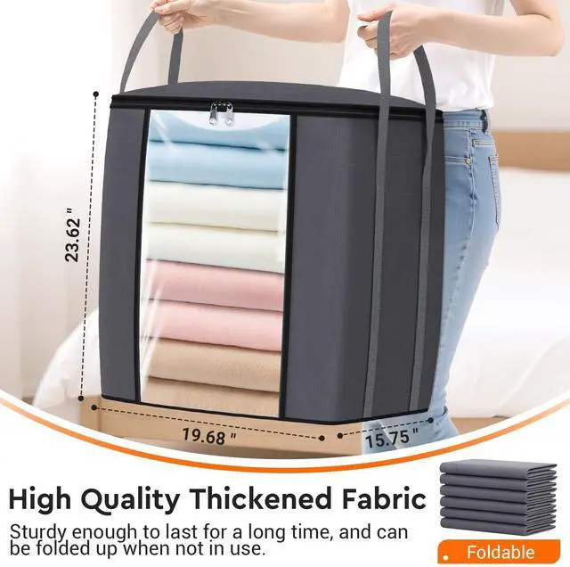Alt view image 2 of 7 - 120L Extra Large Clothes Storage Bags, Foldable Blanket Storage and Organization, Thick Fabric Containers with Reinforced Handles & Zippers for Clothing, Comforters, Bedding, Gray, 1 Pack