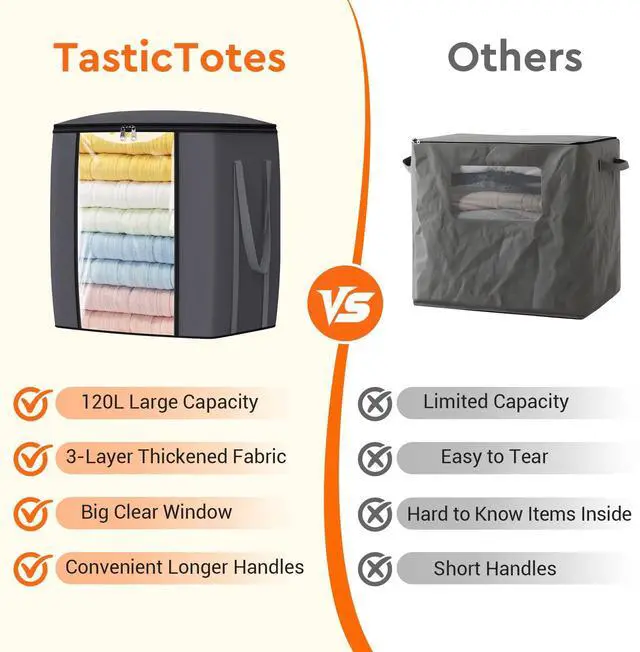 Alt view image 5 of 7 - 120L Extra Large Clothes Storage Bags, Foldable Blanket Storage and Organization, Thick Fabric Containers with Reinforced Handles & Zippers for Clothing, Comforters, Bedding, Gray, 1 Pack