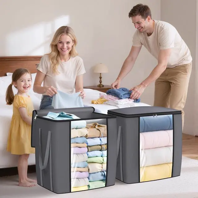 Alt view image 6 of 7 - 120L Extra Large Clothes Storage Bags, Foldable Blanket Storage and Organization, Thick Fabric Containers with Reinforced Handles & Zippers for Clothing, Comforters, Bedding, Gray, 1 Pack