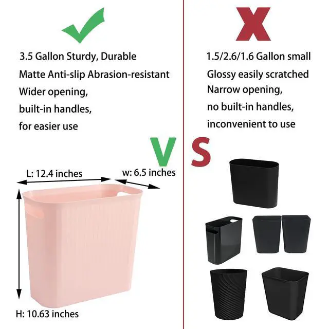 Alt view image 3 of 6 - Small Trash Can, 3.5 Gallon Garbage Can Slim Waste Basket Plastic Trash Bin Container with Handles for Bathroom, Bedroom, Office, Home, Dorm Room, Kitchen, Rectangular, Rosette Pink