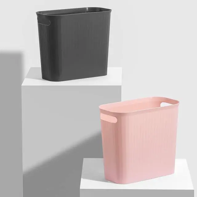 Alt view image 6 of 6 - Small Trash Can, 3.5 Gallon Garbage Can Slim Waste Basket Plastic Trash Bin Container with Handles for Bathroom, Bedroom, Office, Home, Dorm Room, Kitchen, Rectangular, Rosette Pink