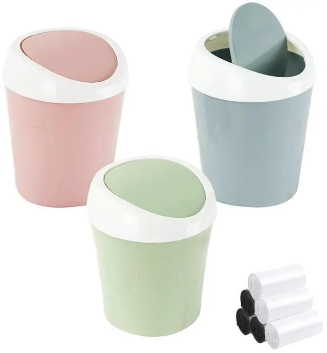 Main image of Mini Swing Lid Desktop Trash Can, Blue + Green + Pink, Plastic, 3 Colors, 180 Count