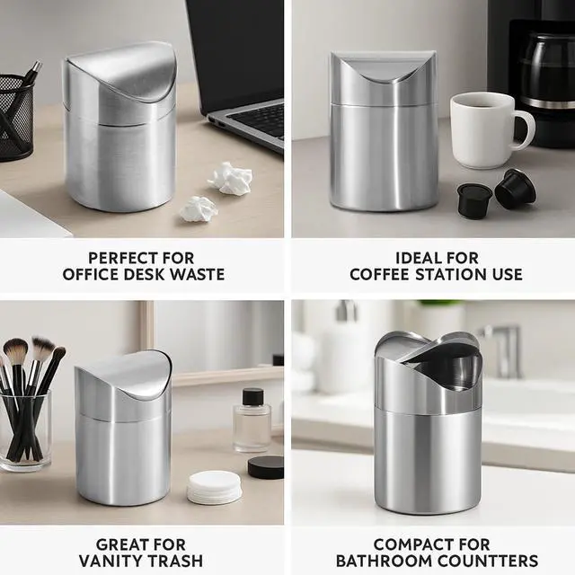 Alt view image 6 of 7 - Small Mini Trash Can with Lid, Brushed Stainless Steel Small Tiny Mini Trash Bin Can, Mini Countertop Trash Cans for Desk Office, Swing Top Trash Bin 1.5 L/0.40 Gal (Sliver)